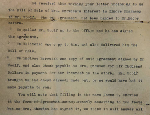 1919 Bill of Sale of Mrs. Snowden’s interest in Elmore Pharmacy to Mr. Woolf